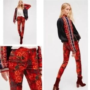 Free People Lennon Floral Funkytown Orange Red Velvet Pants Women’s Size 0